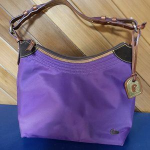 Dooney And Bourke Shoulder Bag, purple with leather strap, lined interior